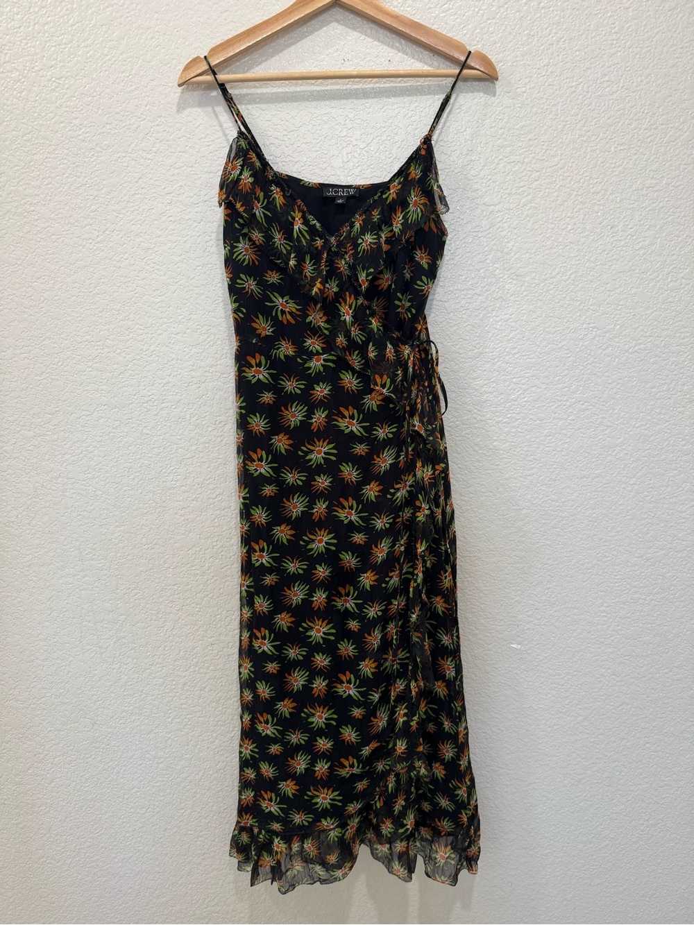 J. Crew Black Floral Midi Wrap Dress with Side Slit - Picture 3 of 6